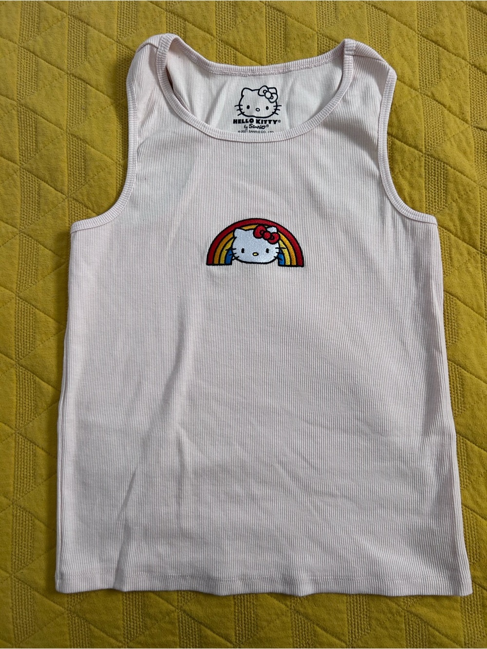 Hello Kitty Girls' Pink Ribbed Tank Top with Rainbow Patch